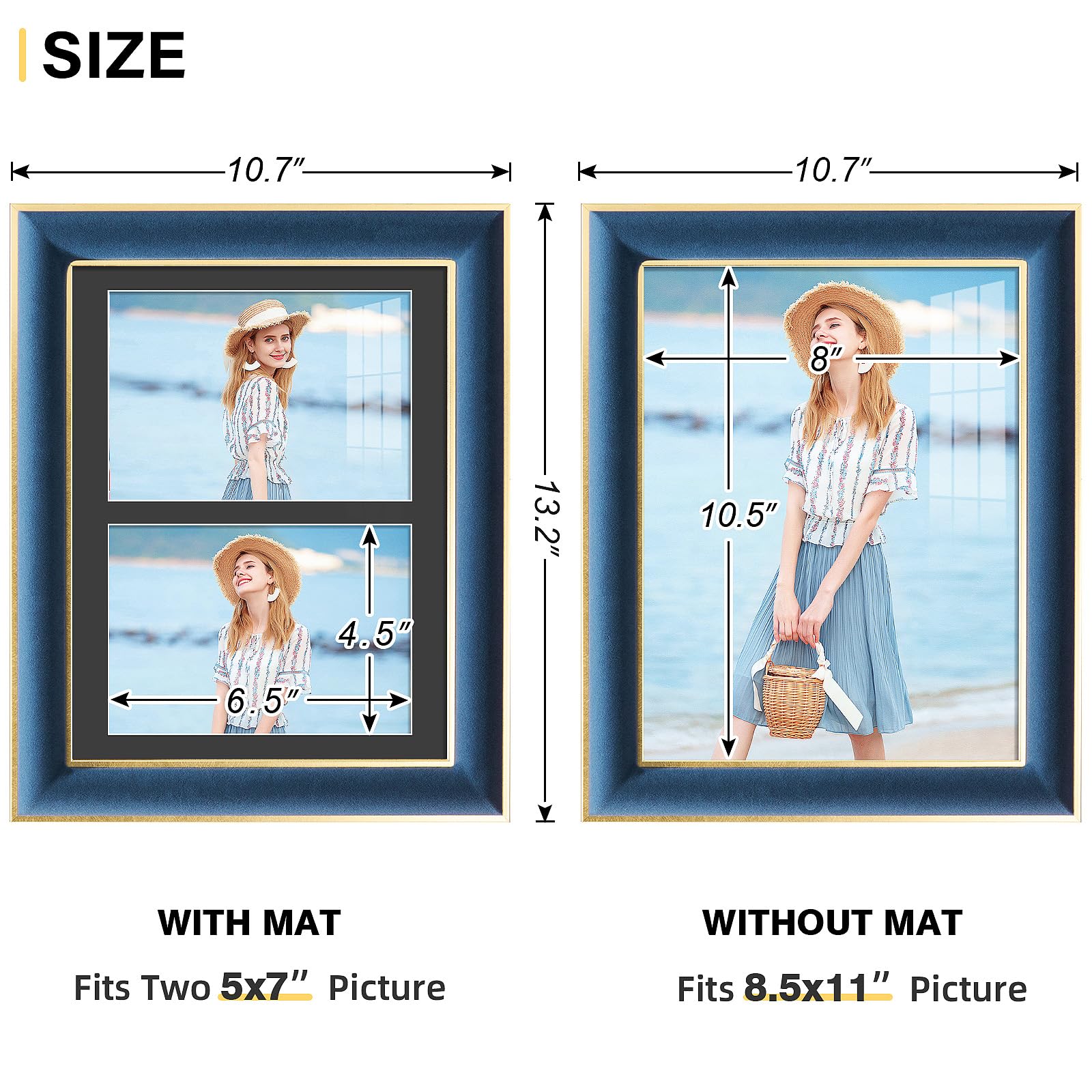 KSROECUD 8.5x11 Velvet Picture Frame with 2 Openings 5x7 Pictures, HD Real Glass Navy Blue Velvet Photo Frame with Black White B